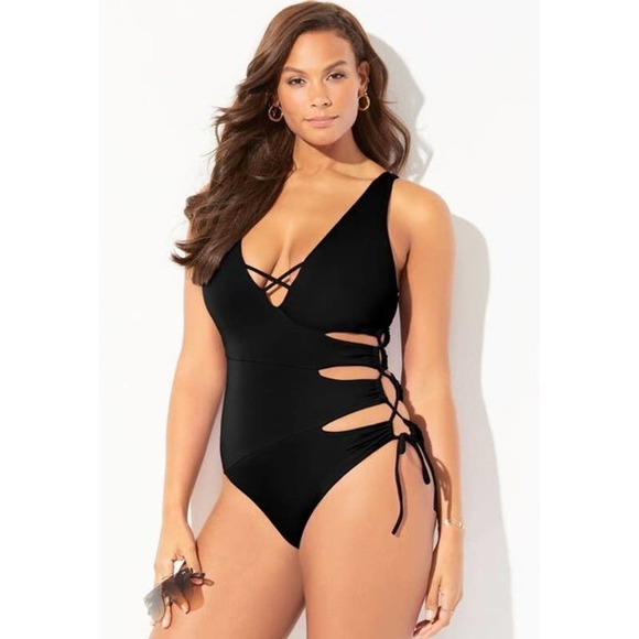 Swimsuits For All Other - Swimsuits for All Plus Size Black Cut out Lace up One Piece Swimsuit Sz 18 NWT